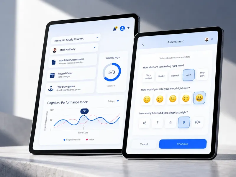 Two tablets with the dementia study app: a participant dashboard with the Cognitive Performance Index, and a self-assessment of alertness, mood and sleep