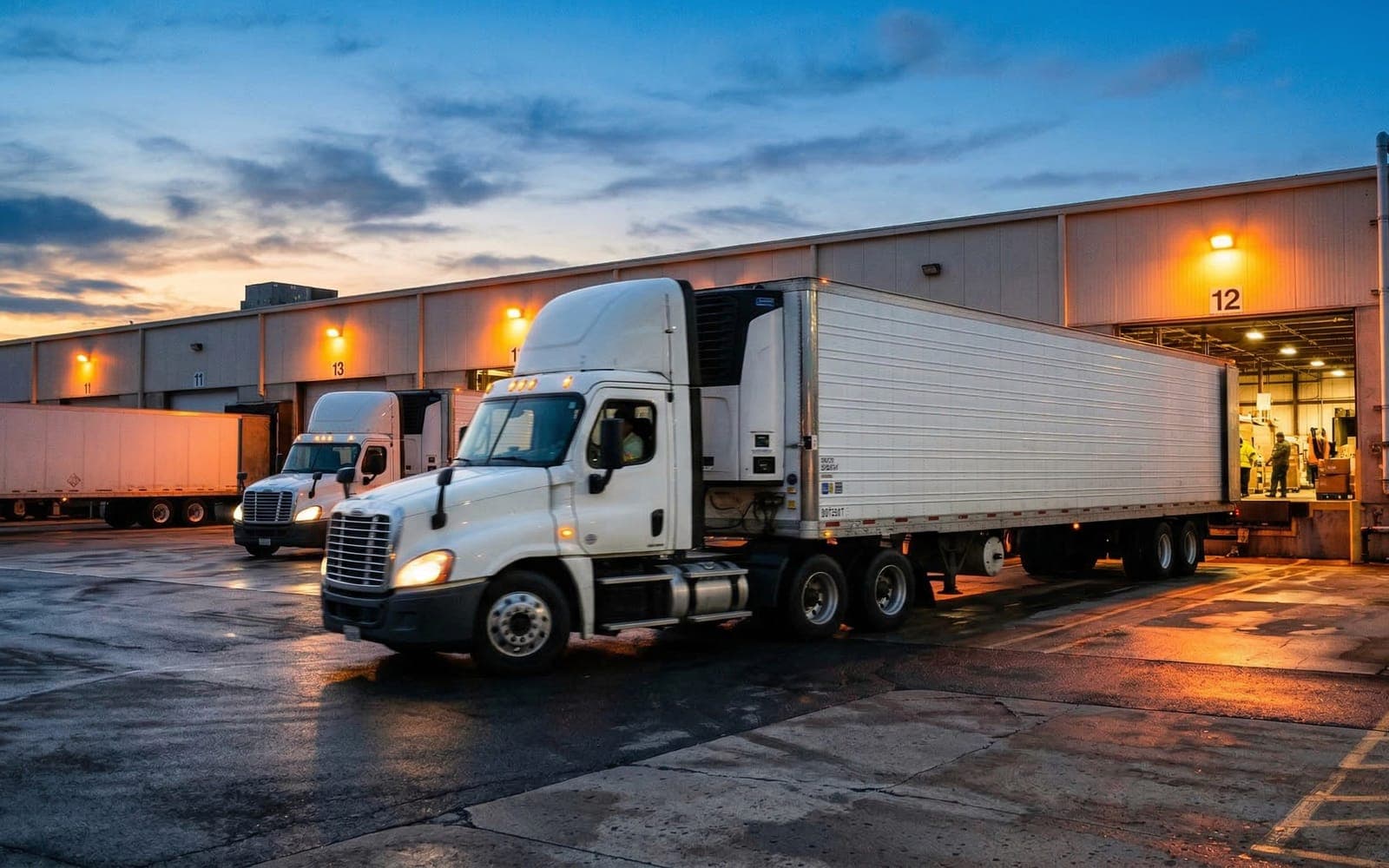 Refrigerated trucks at a distribution centre loading dock at dusk